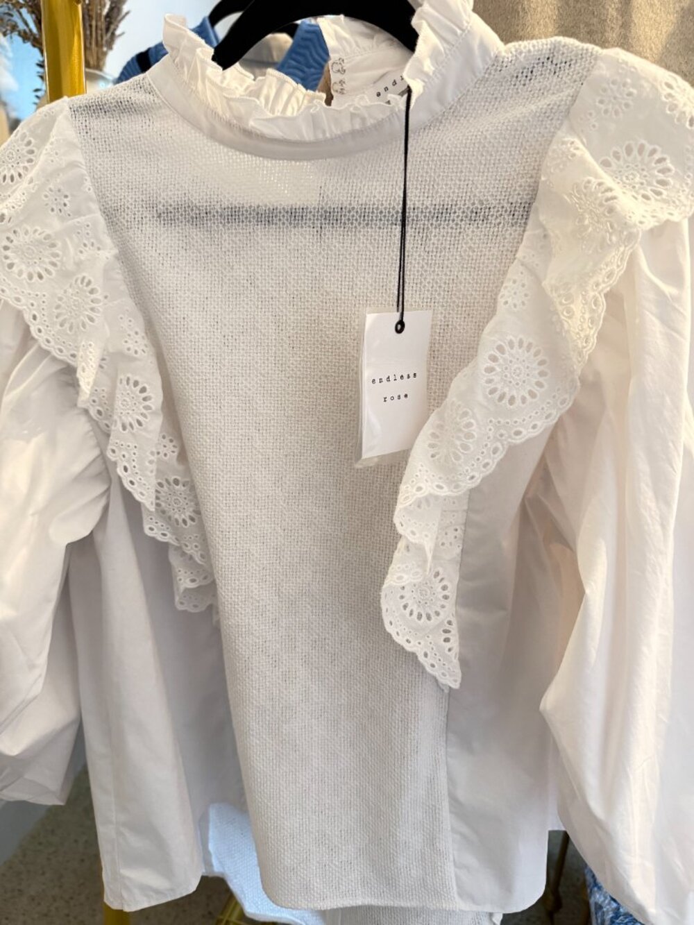 Endless Rose White Eyelet Ruffle Mixed Media Blouse Size M NWT Romantic - Picture 9 of 9